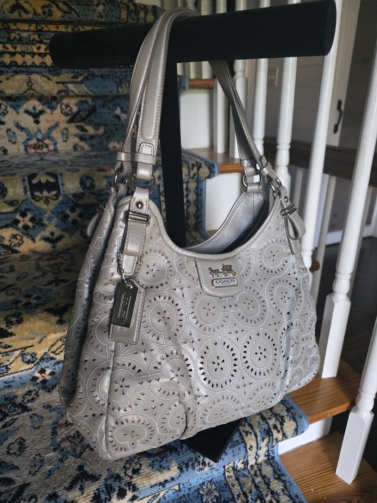 Coach Handbags - Coach Silver Laser-Cut Leather Shoulder Bag